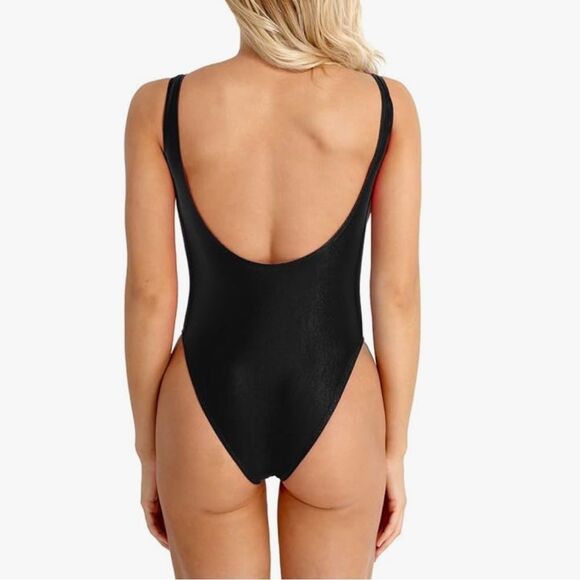 Yvette Mandell Black High Cut Low Back Scoop Neck Bodysuit Size Small - Picture 1 of 6